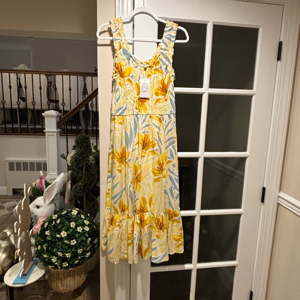 Women's Yellow Floral Sundress with Blue Leaves